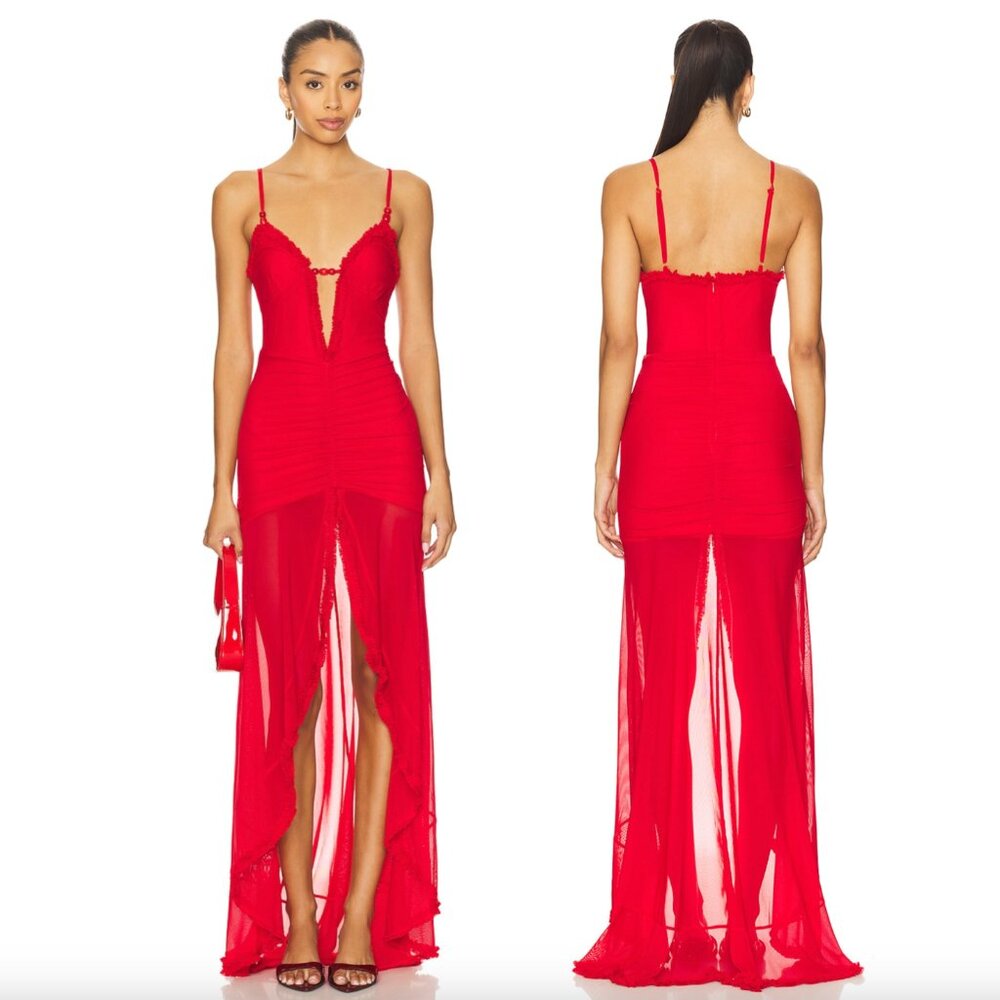 Elegant Red Maxi Dress with Plunging V-Neck